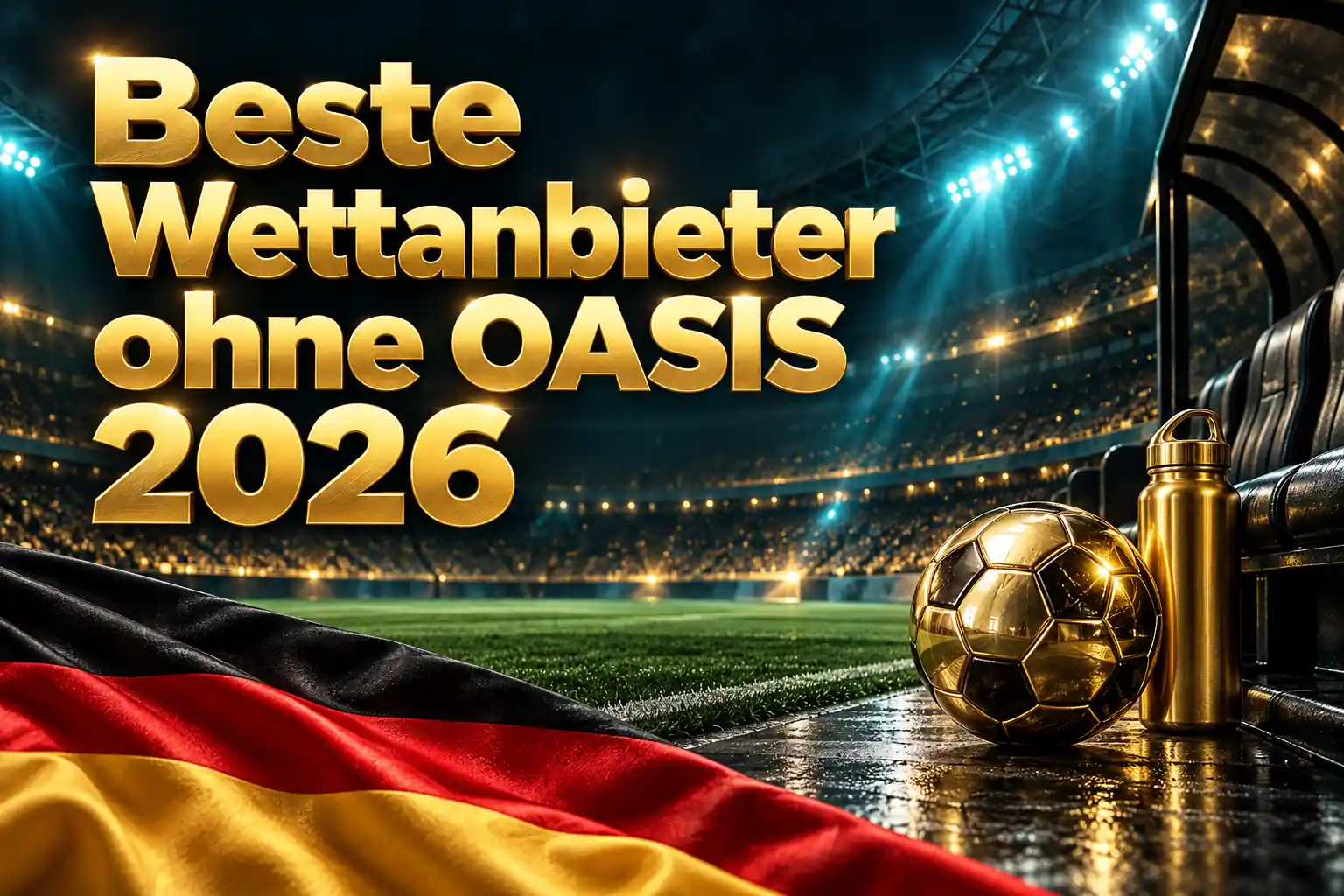 Beste Wettanbieter ohne OASIS 2026 – goldener Schriftzug im Stadion mit goldenem Fußball und Trinkflasche an der Spielerbank sowie deutscher Flagge