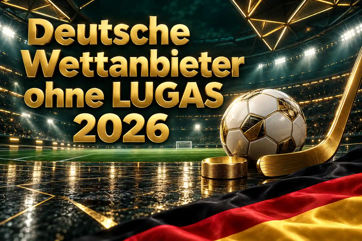 Deutsche Wettanbieter ohne LUGAS 2026 – goldener Schriftzug mit Fußball, goldenem Hockeyschläger und Puck im Stadion neben der deutschen Flagge