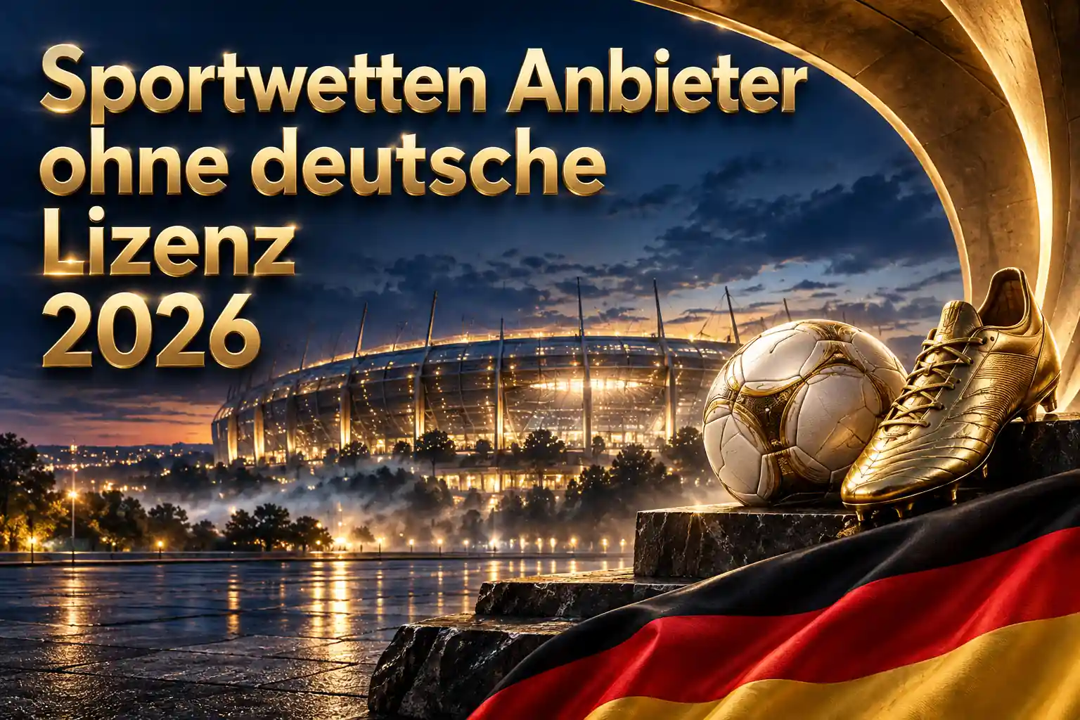 Sportwetten Anbieter ohne deutsche Lizenz 2026 – goldener Schriftzug mit Fußball und goldenem Fußballschuh vor einem beleuchteten Stadion mit deutscher Flagge